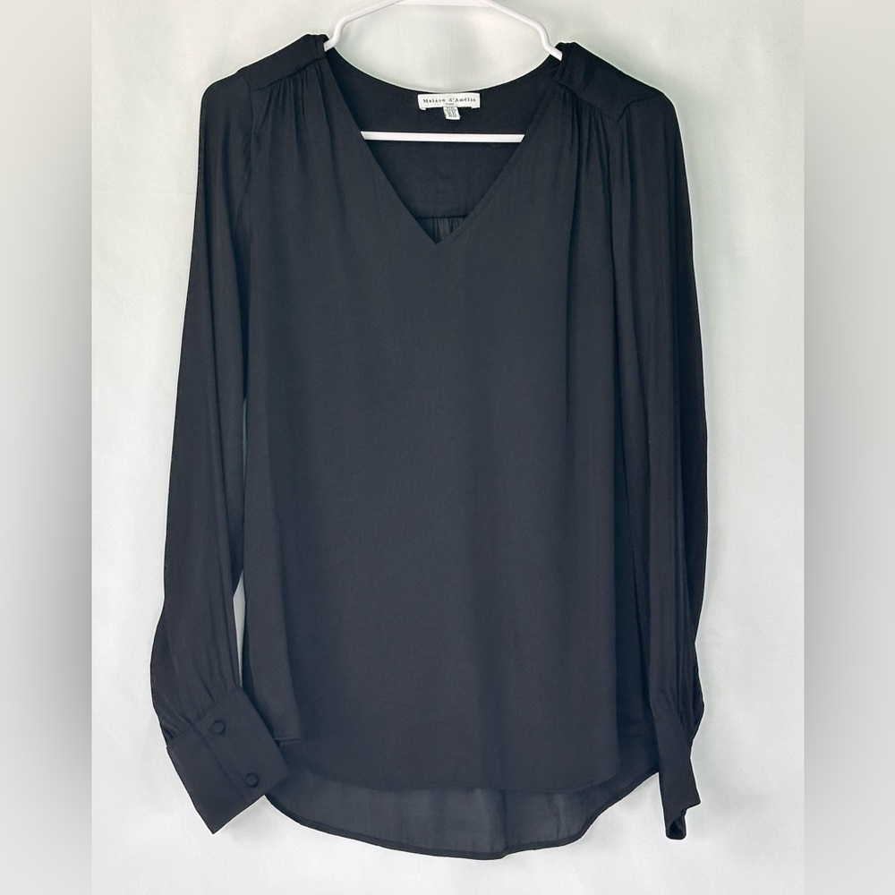 Maison D'Amelie Paris Women's Black V-Neck Pleated Blouse Top Size Extra Small
